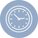 A simple, minimalist clock icon in shades of blue and white, showing the time at ten minutes past ten.