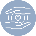 Icon depicting two hands forming a sheltering gesture over a heart, symbolizing care and protection, set against a blue circular background.