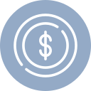 A minimalistic icon depicting a dollar sign centered within concentric circles on a blue background.