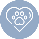 A circular badge icon featuring a heart with a paw print inside, symbolizing love for animals, set against a muted blue background.