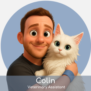 Cartoon-style man with short brown hair and beard hugs a fluffy white cat; both are smiling. Text below reads “Colin, Veterinary Assistant.” Blue circular background.