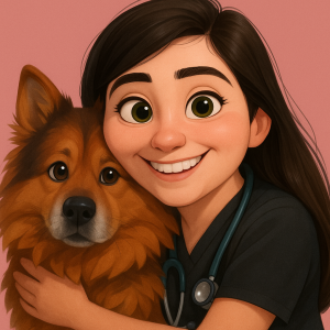 A smiling young woman in scrubs with a stethoscope hugs a fluffy brown dog, both facing the camera, against a plain pink background.