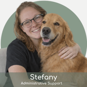 A smiling woman with glasses hugs a happy golden retriever. The background is a green circle, with text at the bottom reading "Stefany Administrative Support.