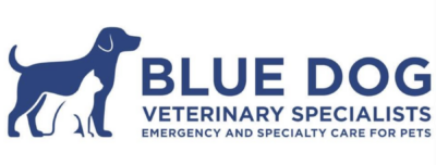 Logo for Blue Dog Veterinary Specialists featuring a silhouette of a dog and a cat with the text “Blue Dog Veterinary Specialists: Emergency and Specialty Care for Pets.”